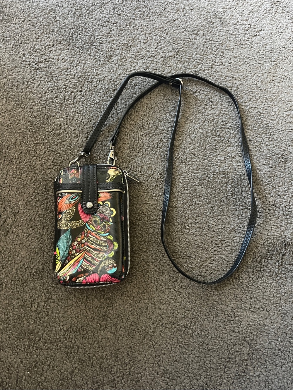 Sakroots Black Crossbody Phone Bag with Multicolor Owl Print